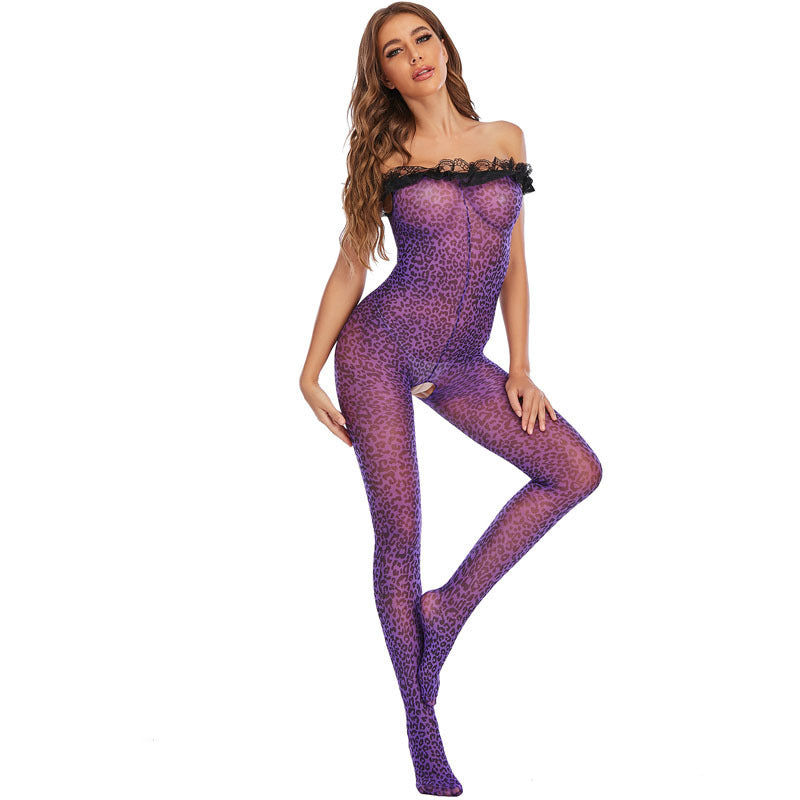 Leopard Print Cold-Shoulder Sleeveless Lace Trim Jumpsuit Sexy Suit